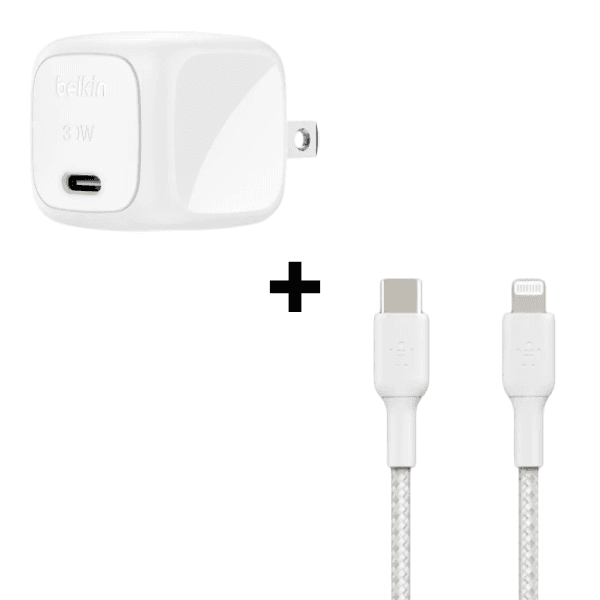Bộ Combo cáp sạc Belkin 30W Type-C to Lightning (dây dù) màu trắng