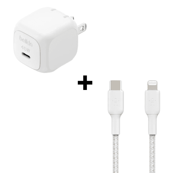 Bộ Combo cáp sạc Belkin 45W Type-C to Lightning (dây dù) màu trắng