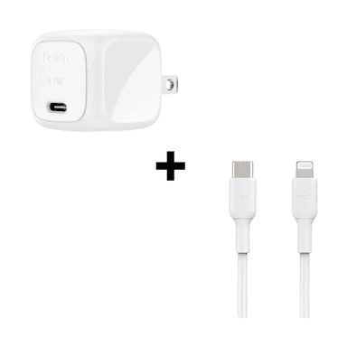 Bộ Combo cáp sạc Belkin 30W Type-C to Lightning màu trắng (chân tròn)