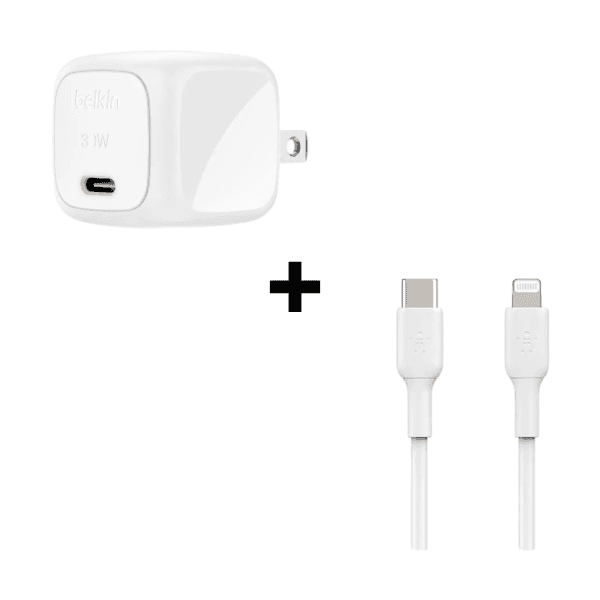 Bộ Combo cáp sạc Belkin 30W Type-C to Lightning màu trắng (chân tròn)