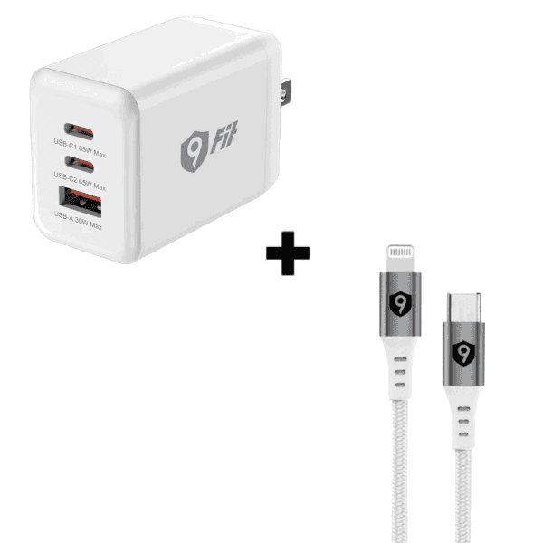 Bộ Combo cáp sạc 9Fit 65W Type-C to Lightning màu trắng