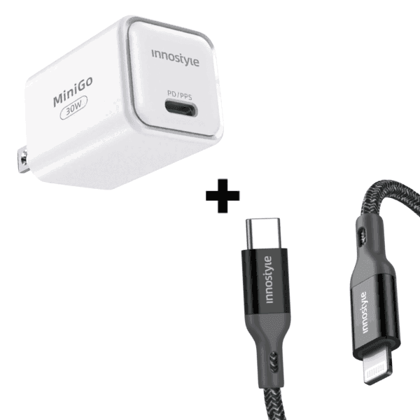 Bộ combo sạc cáp Innostyle 30W PowerFlex Type C to Lightning màu đen
